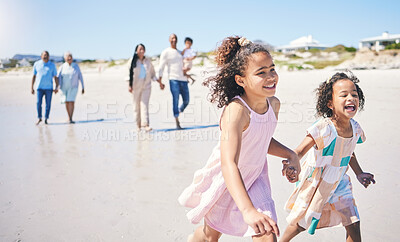Buy stock photo Children running, family vacation and happy at the beach for travel, morning walking and bonding. Happy, summer and girl siblings holding hands on a walk at the ocean with parents and grandparents