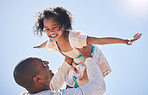 Love, father and girl with a smile, airplane and bonding with joy, quality time and playing outdoor. Portrait, parent and dad with happy daughter, female child and kid with energy, loving or cheerful