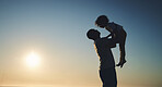 Father, lift son and sunset sky with space for mock up with game, air or bonding with love on vacation. Papa, holding male kid and playing with care, summer and outdoor mockup in sunshine for holiday