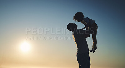 Buy stock photo Father, lift son and sunset sky with space for mock up with game, air or bonding with love on vacation. Papa, holding male kid and playing with care, summer and outdoor mockup in sunshine for holiday
