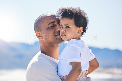 Buy stock photo Father kiss, baby and beach with love and parent support on summer holiday with kids. Blue sky, ocean and young boy with his dad feeling trust and happiness on vacation by the sea with family