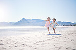 Girl kids, holding hands and run at beach with space for mockup by water, together and bond with love in summer. Female children, play game or race for siblings, family and ocean mock up in sunshine