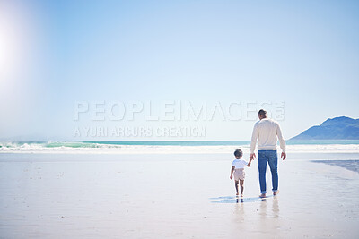 Buy stock photo Father, boy and beach with mockup space, holding hands and blue sky with bonding with vacation in summer. Papa, male kid and solidarity with trust, holiday and ocean mock up with waves in sunshine