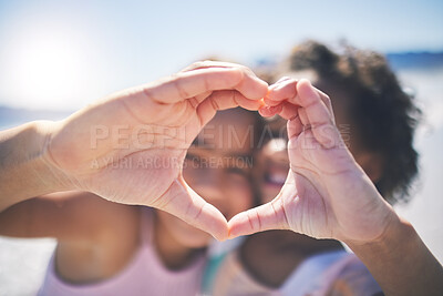 Buy stock photo Happy, outdoor and girls with heart hands, support and wellness on break, relax or bonding. Friends, young people or children with happiness, symbol for love or emoji with care, solidarity or outside