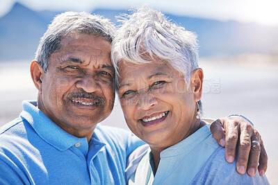 Buy stock photo Happy, senior couple and portrait at the beach for bonding, love and happiness in Costa Rica summer. Smile, hugging and face of an elderly man and woman by the sea for holiday, retirement and peace