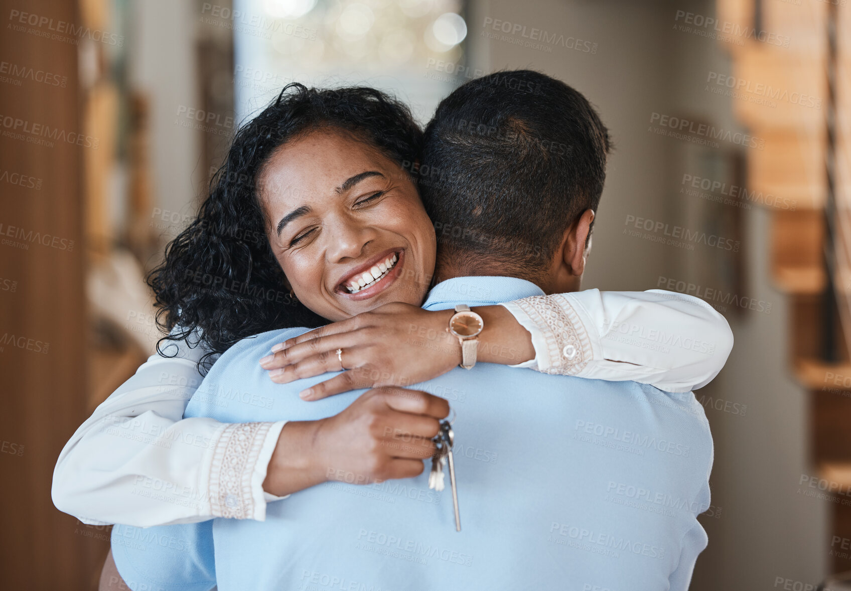 Buy stock photo House keys, new home or happy couple hugging for real estate, property investment or apartment success. Dream, love or Indian man embracing an excited woman to celebrate goals or moving in together
