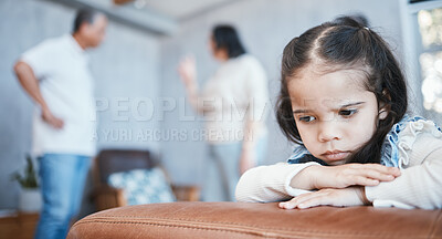 Buy stock photo Fight, mother and father with girl, conflict and argument at home, stress and issues. Parents, mama and dad with scared daughter, sad female child or family with problems, youth anxiety or depression