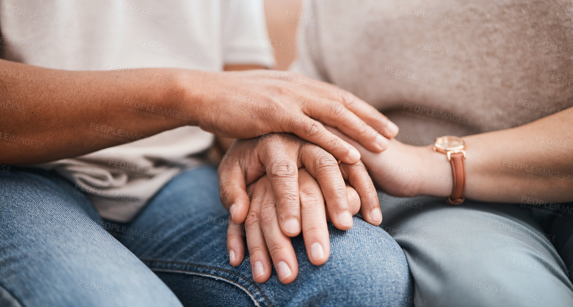 Buy stock photo Holding hands, couple support and comfort together for empathy, trust and love in marriage. Relationship, partner and closeup of affection from a man and woman for gratitude, sorry or forgive