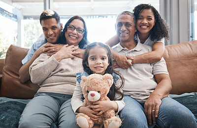 Buy stock photo Happy family in portrait with men, women and child with teddy bear on sofa, new home and happiness in quality time. Parents, grandparents and kid on couch in love, hug or embrace together for bonding