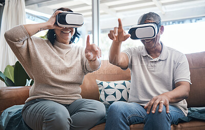 Buy stock photo Senior couple, virtual reality and sofa in home living room with esports, metaverse or internet gaming with smile. Man, woman and vr with happiness, learning and futuristic goggles on lounge couch