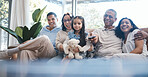 Happy family watching tv with parents, grandparents and child on sofa in living room, happiness and quality time together. Kid with teddy bear, women and men on couch to watch comedy movie with smile