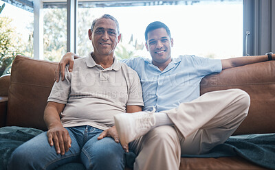 Buy stock photo Portrait of happy man with senior father on sofa, happiness and quality time together in living room of home in Mexico. Love, support and men on couch in lounge with smile, dad and adult son in house