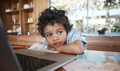 Buy stock photo Thinking, child and sad by laptop in home for learning, online education and studying. Computer, kid and contemplating, lost in thoughts and wondering, bored and homeschool for elearning in house.