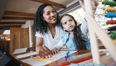 Buy stock photo Education, home school and a mother teaching her daughter about math in the home living room. Study, homework and child development with a student girl learning from her female parent in a house
