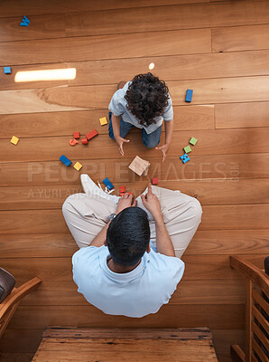 Buy stock photo Building blocks, toys and top view of father with baby on floor for playing, educational games and learning. Child development, family home and above of dad and boy for creative fun, bonding and love