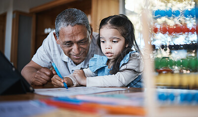 Buy stock photo Learning, drawing and grandfather with girl in home for studying, homeschool and homework. Education, child and happy grandpa teaching kid, knowledge and art, writing and bonding in house with care.
