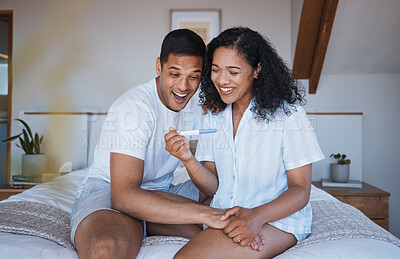Buy stock photo Pregnant, test and excited couple on bed with positive results, good news and celebration at home. Pregnancy, maternity and happy man and woman in bedroom for fertility, future family and surprise