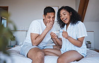 Buy stock photo Pregnant, test and excited couple in bedroom with positive results, good news and celebration at home. Pregnancy, maternity and happy man and woman on bed with for fertility, family and surprise