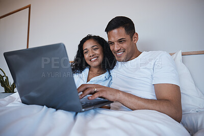 Buy stock photo Love, laptop and happy couple relax in bed, bonding and enjoying streaming, movie or browsing in their home. Online, film and man with woman in a bedroom for weekend, entertainment and subscription 