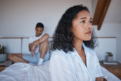 Buy stock photo Sad, fight and divorce with couple in bedroom for conflict, frustrated and breakup. Toxic relationship, depression and ignore with man and woman at home for affair, cheating and anger dispute