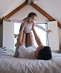 Airplane, game and child with father on a bed happy, playing and bonding in the morning together. Flying, fun and excited girl with parent in a bedroom for creative, fantasy and childhood happiness 
