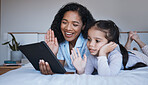 Tablet, mother and girl wave in video call on bed in home bedroom, talking or speaking. Technology, happiness and mom and child in virtual chat, online conversation and waving while live streaming.