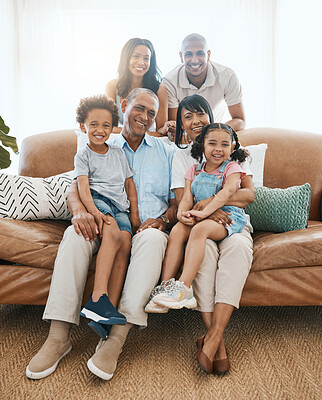 Buy stock photo Portrait, happy and family on a sofa, relax and quality time with joy, cheerful and bonding at home. Face, grandparents or mother with father, kids on couch or happiness to relax or bonding in lounge