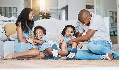 Buy stock photo Play, family and happy parents and children on floor for bonding, quality time and relaxing at home. Love, living room and mother, father and kids playing for relationship, development and happiness