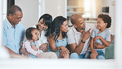 Buy stock photo Relax, big family and smile in home on sofa in living room, bonding or having fun. Grandparents, parents and happiness of children on couch, care or enjoying quality time together in lounge in house.