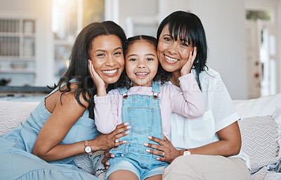 Buy stock photo Portrait, grandmother and kid smile with mother in home living room on sofa, bonding or having fun. Family, happiness and girl with grandma and mama, care and enjoying quality time together on couch.