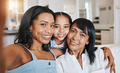 Buy stock photo Grandmother, selfie and child with mother in home living room, bonding or having fun. Family, smile and portrait of girl with grandma and mom taking face pictures while enjoying quality time together