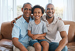 Portrait, grandfather and kid smile with dad in home living room on sofa, bonding or having fun. Family, happiness and boy with grandpa and father, care and enjoying quality time together on couch.