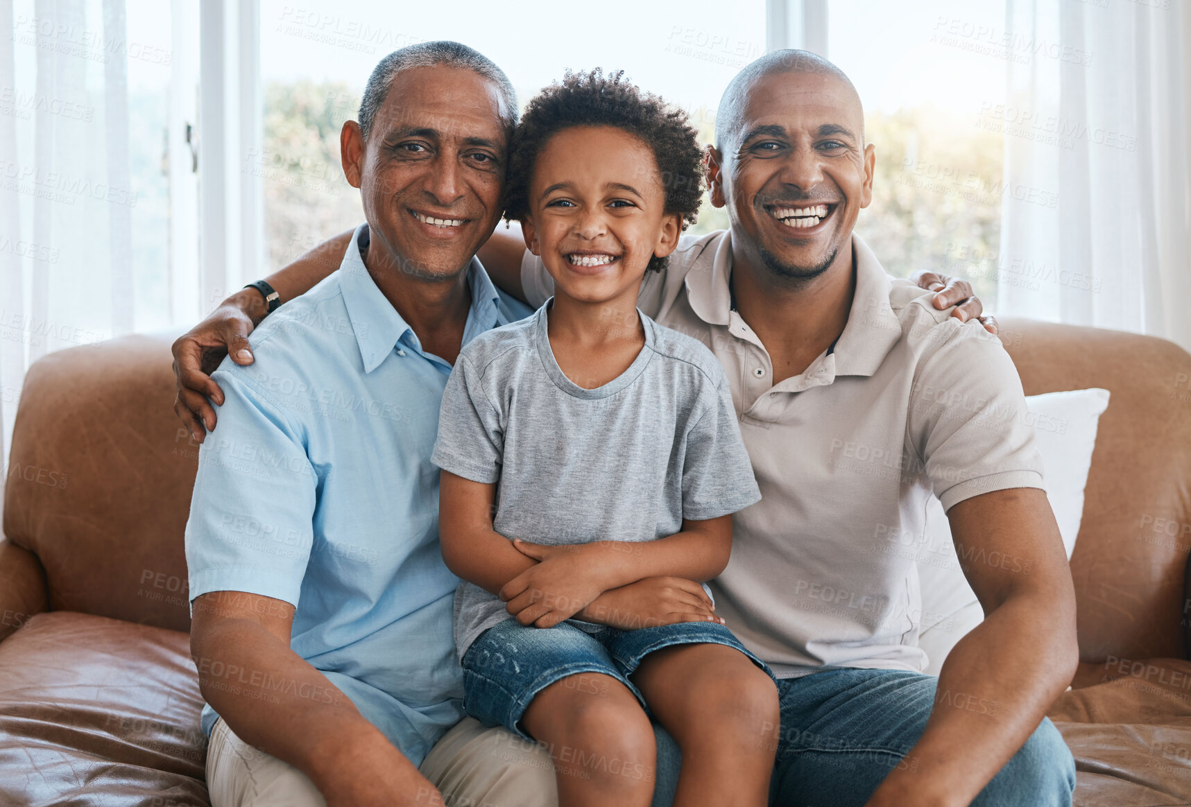 Buy stock photo Portrait, grandfather and kid smile with dad in home living room on sofa, bonding or having fun. Family, happiness and boy with grandpa and father, care and enjoying quality time together on couch.