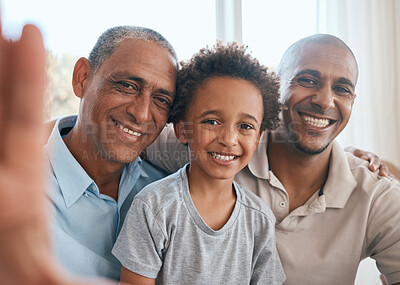 Buy stock photo Selfie portrait, grandfather and kid with dad in home living room, bonding or having fun. Family, happiness and boy with grandpa and father, care and enjoying time together while taking pictures.