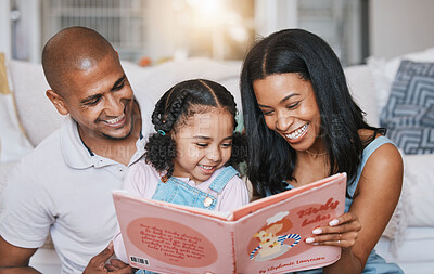 Buy stock photo Family, smile and girl reading book in home, bonding and learning in living room with parents. Storytelling, father and happiness of mother with kid for education, homeschool and studying together.