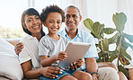 Portrait, grandparents and kid smile with tablet in home living room on sofa, bonding or having fun. Family, happiness and child with grandma and grandpa, care and enjoying time together in lounge.