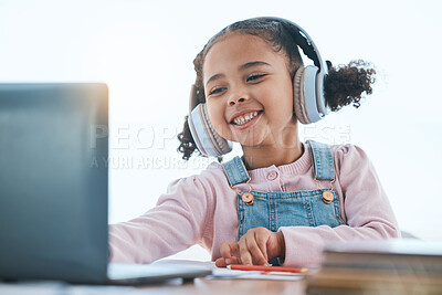 Buy stock photo Computer, headphones and child listening in virtual class for e learning, language translation or knowledge at home. Happy kid on audio technology, laptop and online education for English development