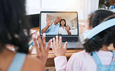 Buy stock photo Laptop screen, video call and family with virtual communication, happy grandparents and online network. Happy biracial people and child wave hello on computer for online conversation and connection