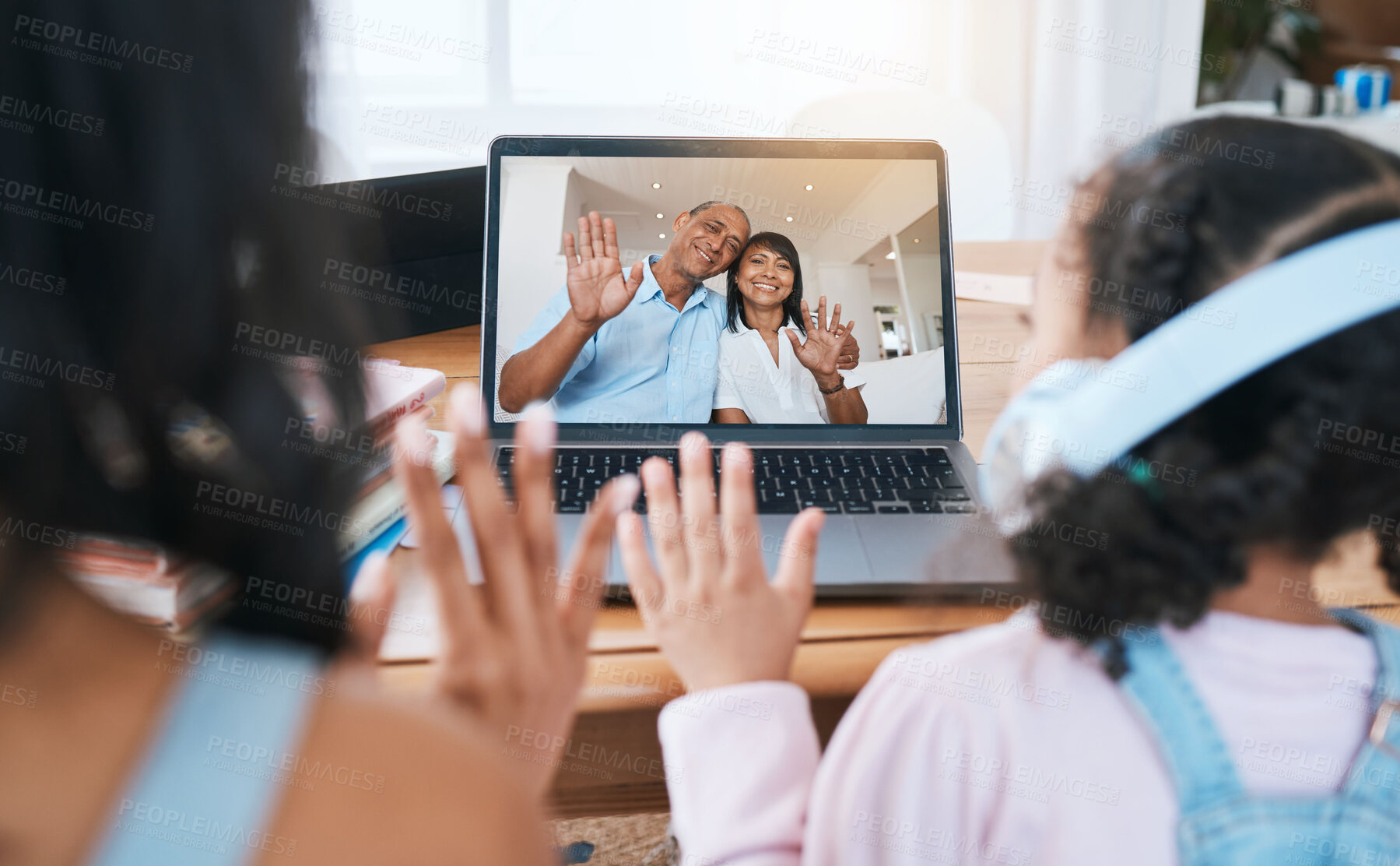 Buy stock photo Laptop screen, video call and family with virtual communication, happy grandparents and online network. Happy biracial people and child wave hello on computer for online conversation and connection