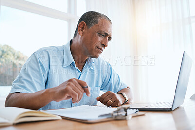 Buy stock photo Businessman, laptop and remote work thinking with documents in finance, budget or planning at home office. Thoughtful man freelancer working on computer with financial paperwork for schedule plan