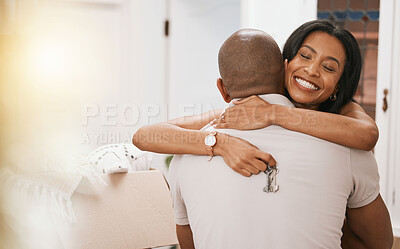 Buy stock photo Happy couple, hug and keys for real estate purchase, property or homeowner with mortgage loan or finance. Woman and man realtor hugging with key to house, moving or sale for new home and investment