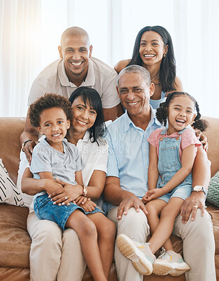 Buy stock photo Portrait, happy and big family in home on sofa, bonding and relaxing in living room. Grandparents, parents and happiness of children on couch, care and enjoying quality time together in lounge.