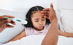 Parent, hands and thermometer with sick little girl checking fever, temperature or flu for cold in bed at home. Hand of adult monitoring kid for illness, healthcare or virus in love, care or support