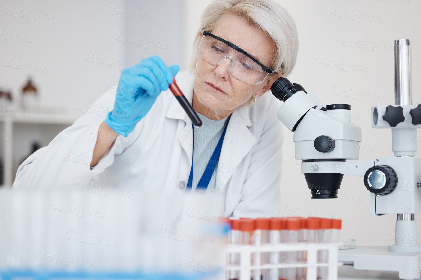 Buy stock photo Medical science, blood test and analysis with scientist woman a vial for dna or medicine research. Expert person in laboratory with tube sample or study for healthcare, chemistry or investigation