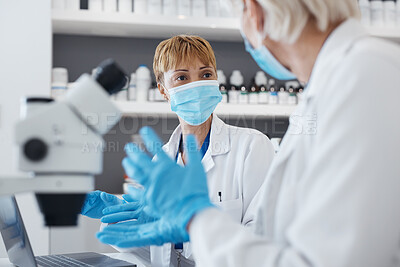 Buy stock photo Science women, talking and research in a laboratory for scientist investigation or collaboration. Expert medical team in lab with equipment for innovation, future medicine or biotechnology study