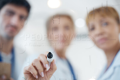 Buy stock photo Doctor, hands and writing strategy for healthcare planning, schedule or brainstorming on vision board. Hand of medical professional in team collaboration, development or project plan at the hospital