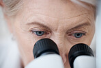 Microscope, science and woman for medical analysis in a laboratory for investigation or research. Eyes of senior scientist person with equipment for biotechnology study, innovation or development