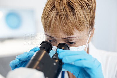Buy stock photo Woman, scientist and microscope in forensics for discovery, breakthrough or scientific research in lab. Female medical professional or expert in healthcare or science examination or experiment