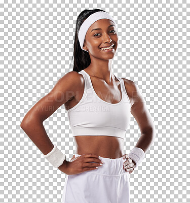 Buy stock photo Tennis, portrait and happy sports woman isolated on a transparent png background. Young athlete, indian female and smile in uniform for contest, game and competition for fitness, workout and training