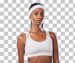 Motivation, focus and success mindset of a woman tennis coach and athlete looking strong. Portrait of a young Indian female sports player ready to start thinking about fitness and exercise training isolated on a png background